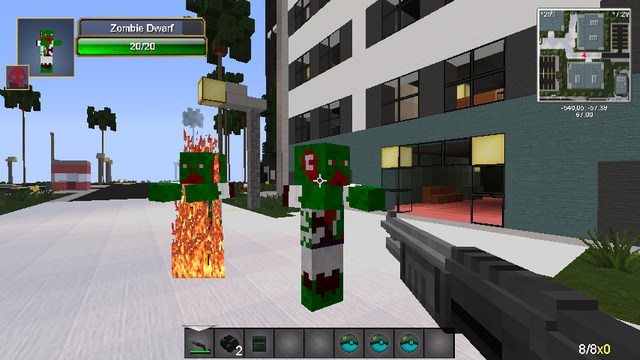 Minecraft with mods (Zombie assembly) for weapons and cars