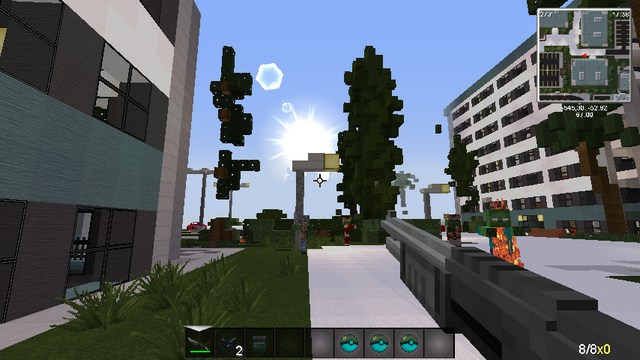 Minecraft with mods (Zombie assembly) for weapons and cars