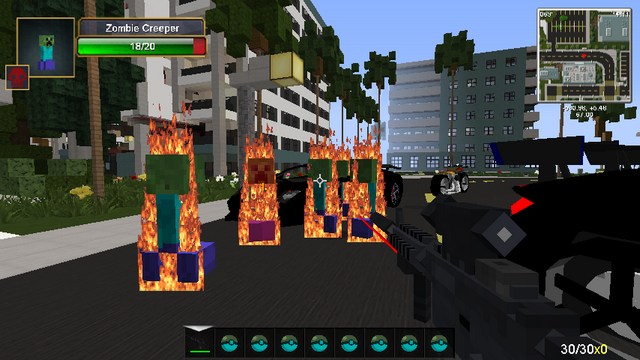Minecraft with mods (Zombie assembly) for weapons and cars